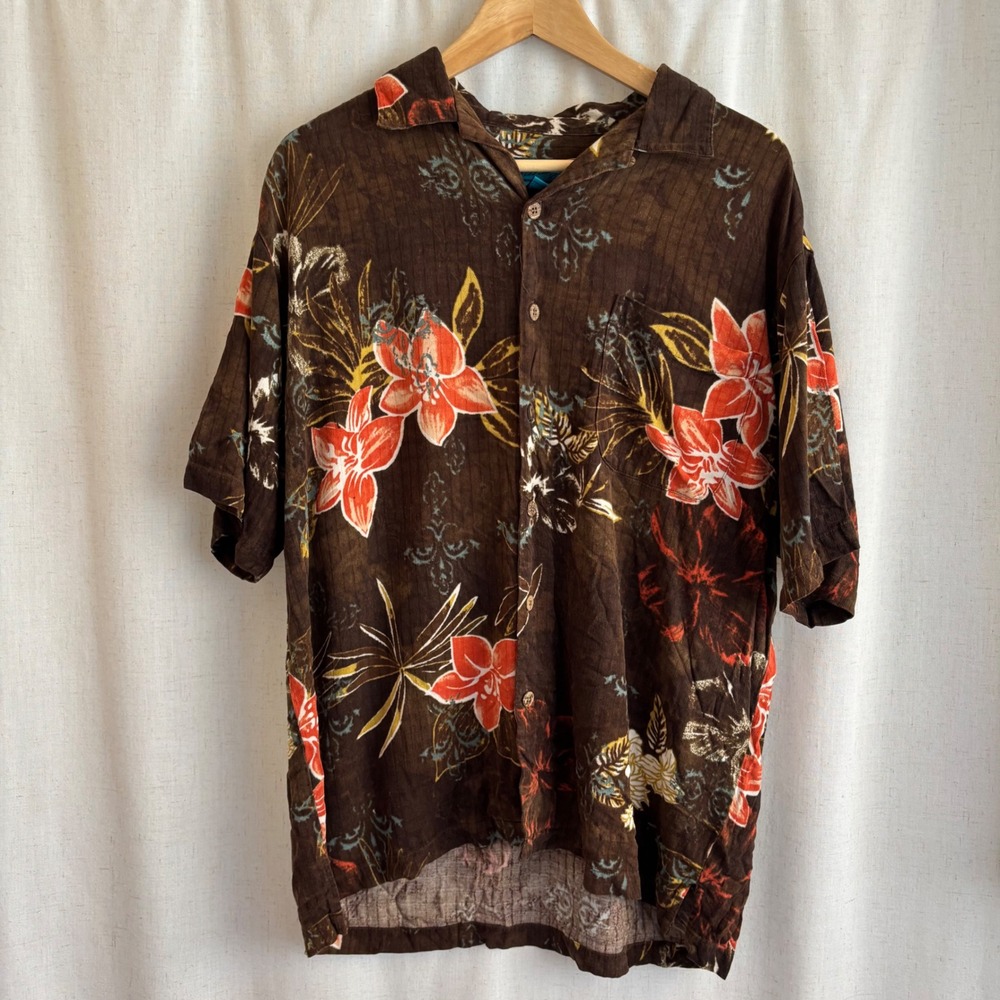 Brown floral Hawaiian shirt tropical size large silk paradise blue button down